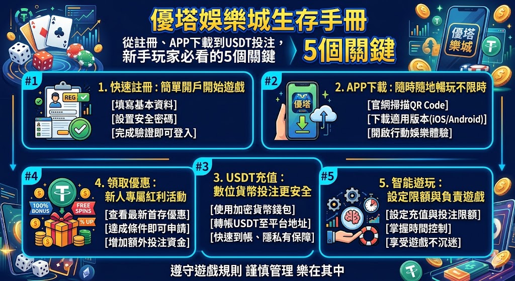 這份《優塔娛樂城生存手冊》專為新手打造，系統化整理了進入平台不可不知的五大關鍵步驟。首先，在註冊與APP下載過程中，務必認準官方加密連結以確保個資安全並享受流暢的行動端體驗。隨後，手冊深入探討了USDT虛擬貨幣投注的優勢，包含高度隱私性與快速到帳的特性，這已成為現代玩家避開傳統金流追蹤的首選。除了技術操作，新手更需掌握平台的優惠申領規則與洗碼量計算，避免因不熟悉條款而導致出金受阻。透過本指南的實戰教學，玩家能從零開始建立正確的風險控管意識，在數位娛樂環境中穩定起步。建議玩家初期先以小額測試金流流程，並善用24小時客服資源，確保在享受多元遊戲的同時，能全方位守護自身的資金安全與遊戲權益。