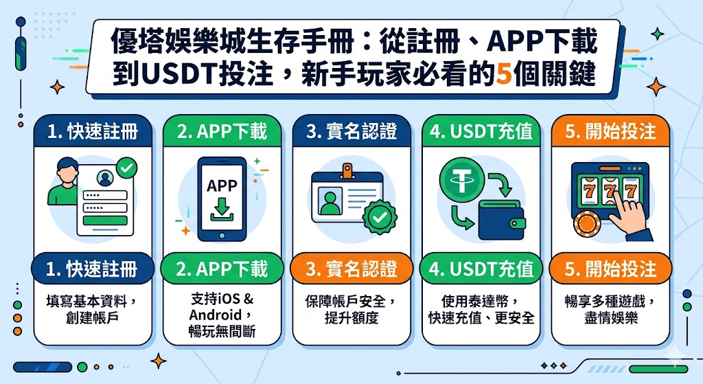 這份《優塔娛樂城生存手冊》專為新手打造，系統化整理了進入平台不可不知的五大關鍵步驟。首先，在註冊與APP下載過程中，務必認準官方加密連結以確保個資安全並享受流暢的行動端體驗。隨後，手冊深入探討了USDT虛擬貨幣投注的優勢，包含高度隱私性與快速到帳的特性，這已成為現代玩家避開傳統金流追蹤的首選。除了技術操作，新手更需掌握平台的優惠申領規則與洗碼量計算，避免因不熟悉條款而導致出金受阻。透過本指南的實戰教學，玩家能從零開始建立正確的風險控管意識，在數位娛樂環境中穩定起步。建議玩家初期先以小額測試金流流程，並善用24小時客服資源，確保在享受多元遊戲的同時，能全方位守護自身的資金安全與遊戲權益。